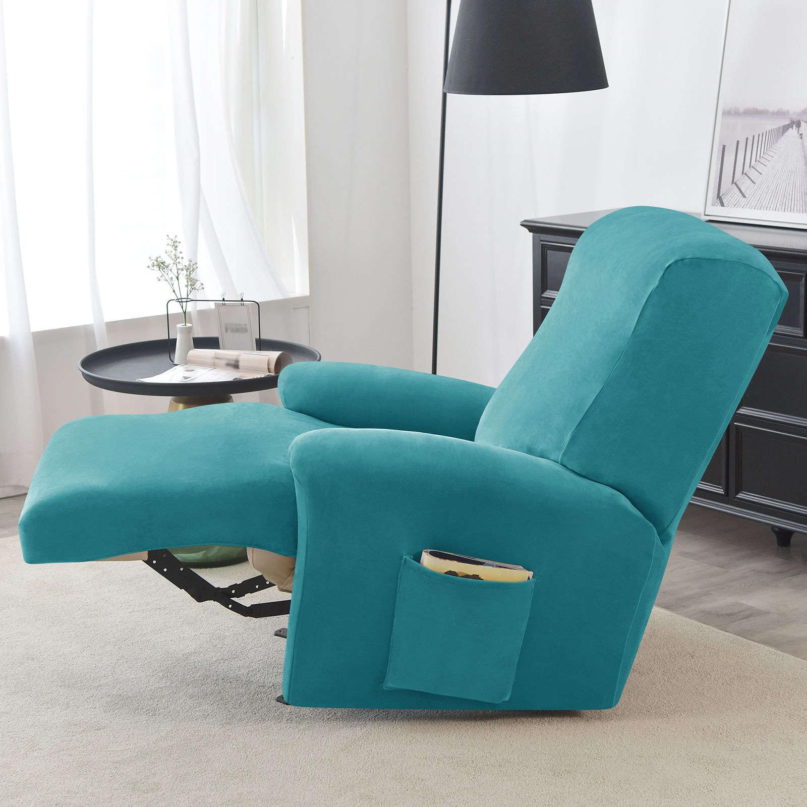Copripoltrona Elastico Relax Velluto, Copripoltrona Reclinabile 4 Pezzi Morbido Antiscivolo con Tasche per Soggiorno-Teal-1 Posto