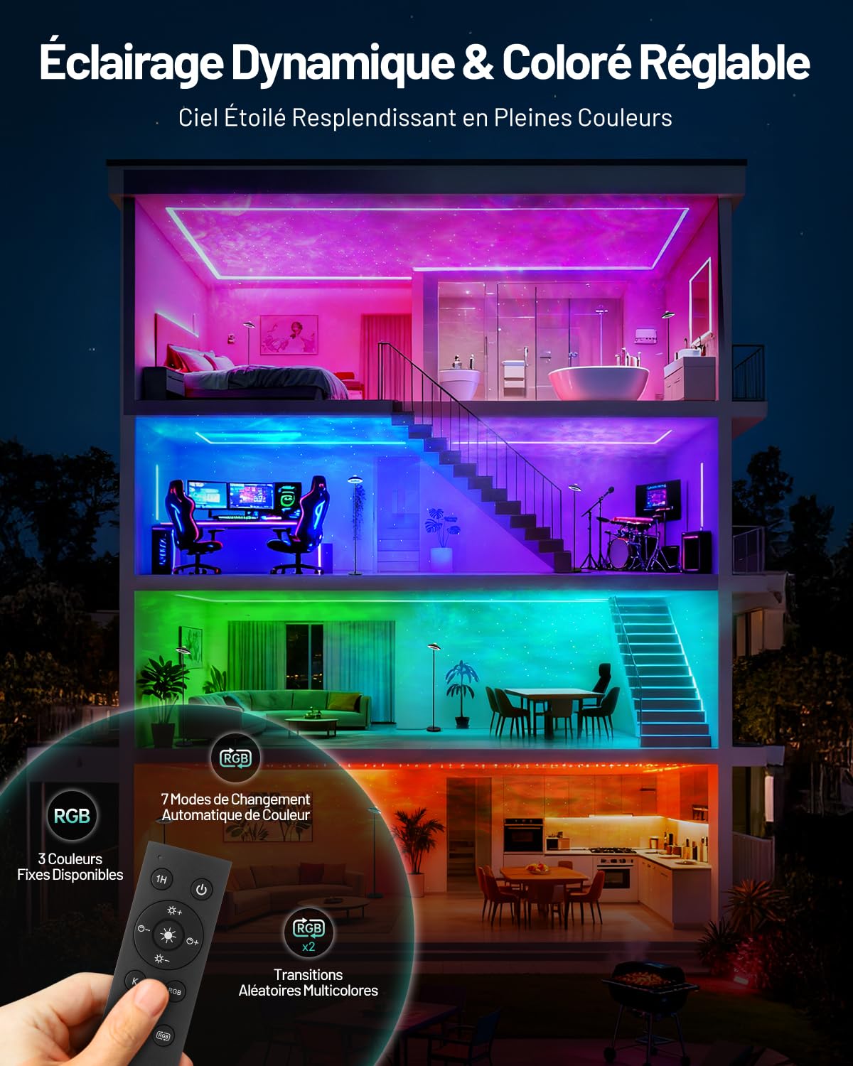 Lampadaire LED avec Projecteur d'étoiles RGB et Télécommande Noir Moderne