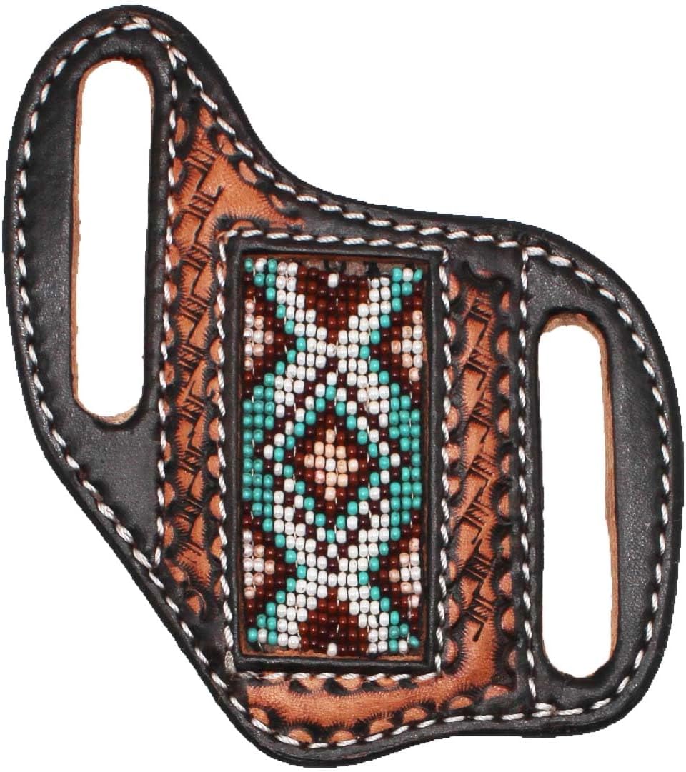 Western Basket Weave Tooled Leather Beaded Knife Holder Flat Sheath 29RT41B