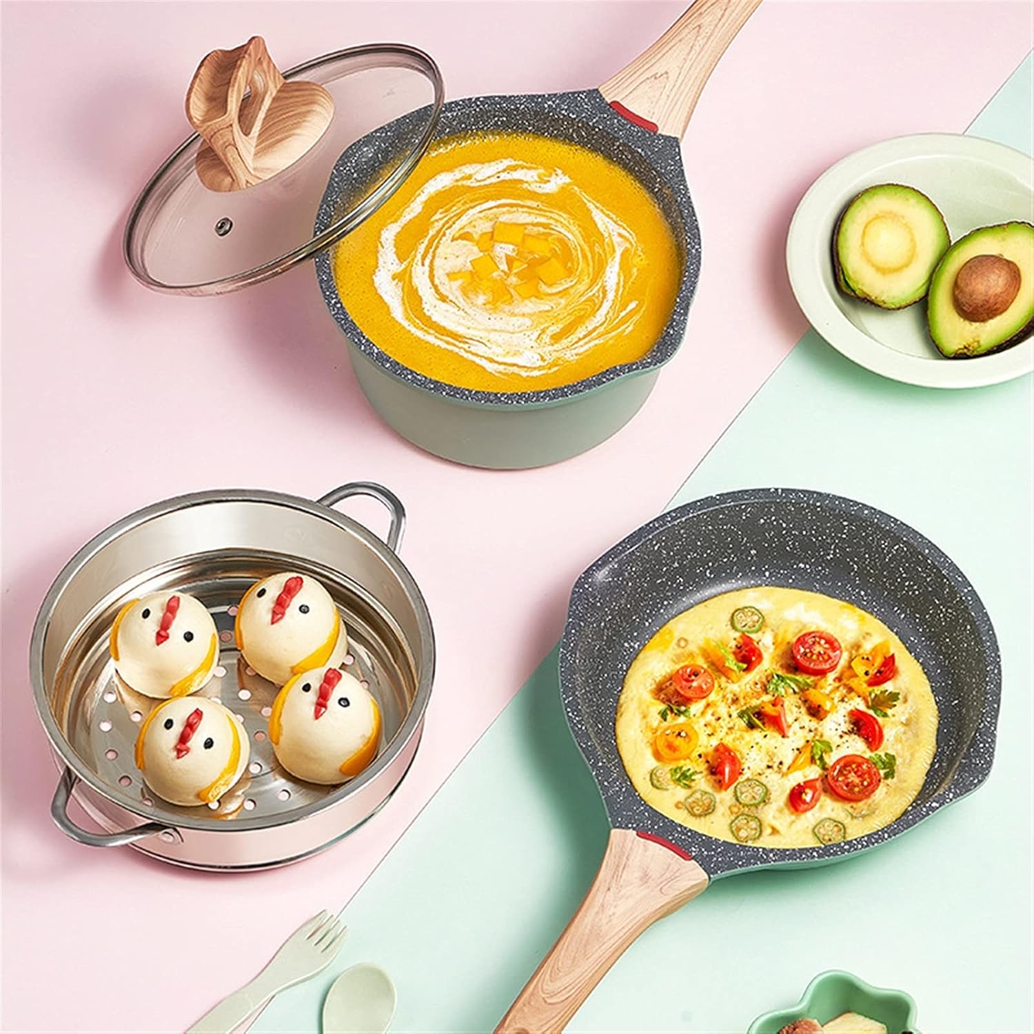 Saucepan Non Stick Frying pan with Wooden Handle Cooking Pot Set Breakfast Crepe Maker pan cookware Saucepan Ramen Milk Pot