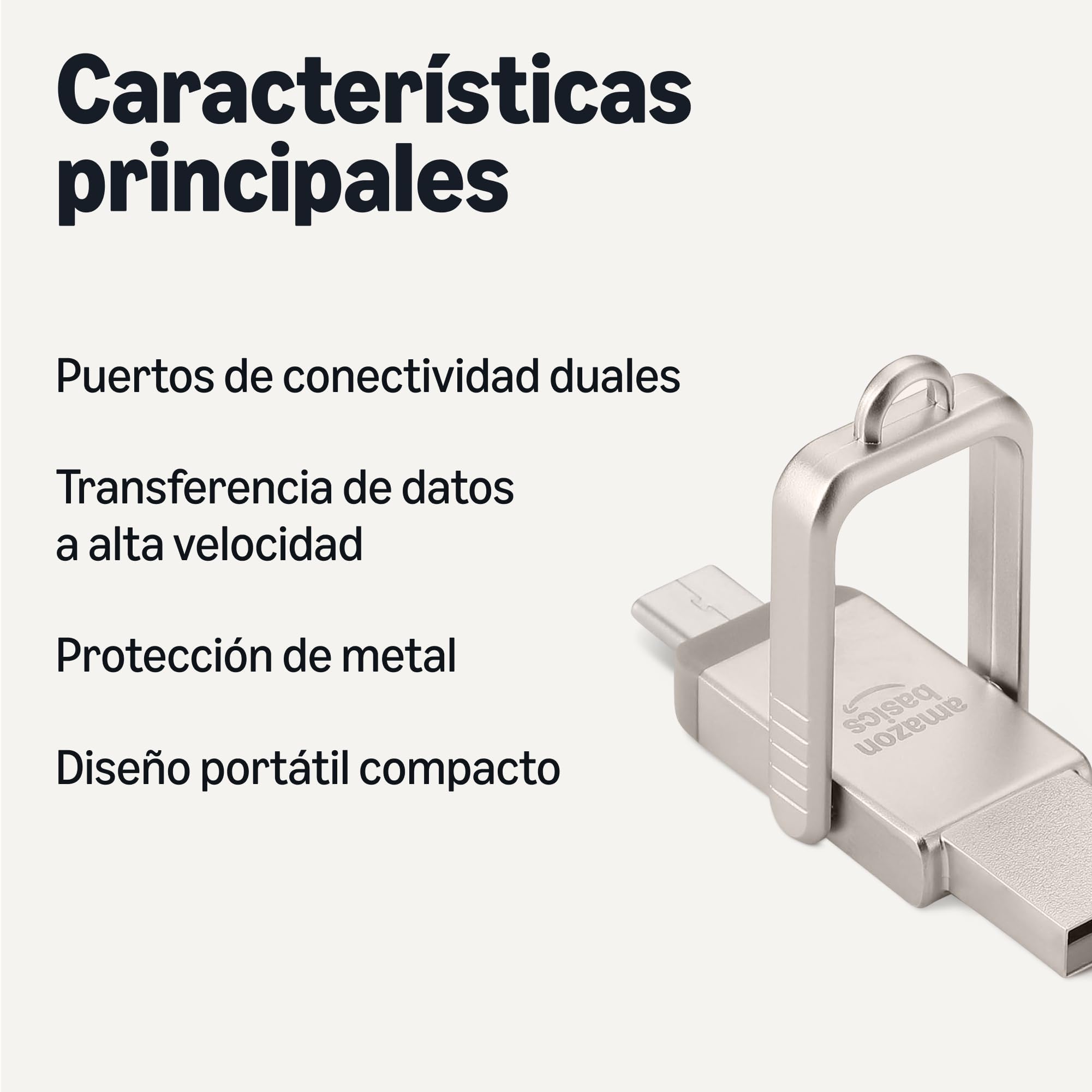 Amazon Basics Memoria USB, Memoria Portátil con Puertos USB C y USB A Duales, 128GB, Color Champán Plateado