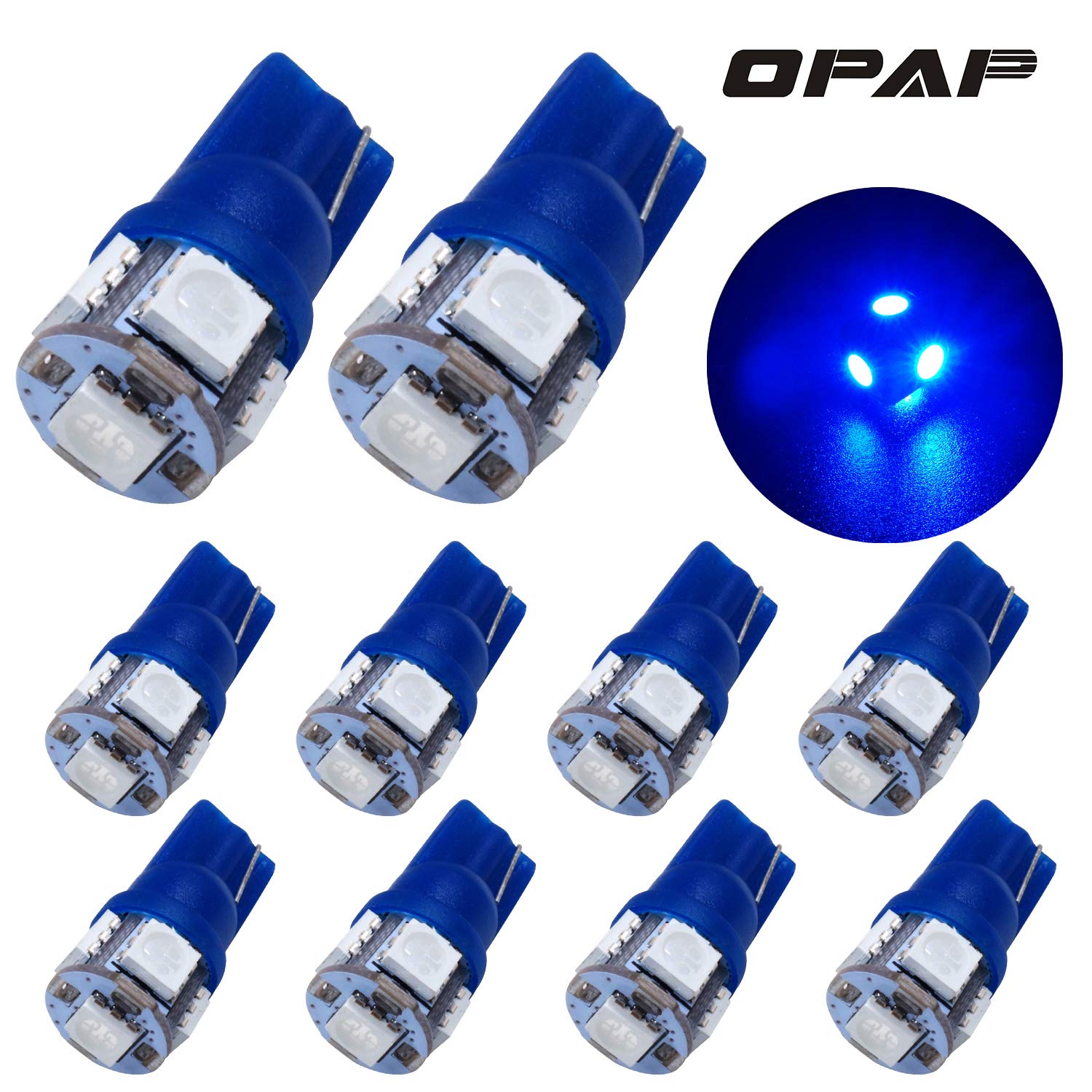 OPAP 194 LED Light bulb Interior Lights for W5W 194 168 2825 T10 Wedge 5-smd 5050, Replacement and Reverse T10 Bulbs (Pack of 10) (Blue)