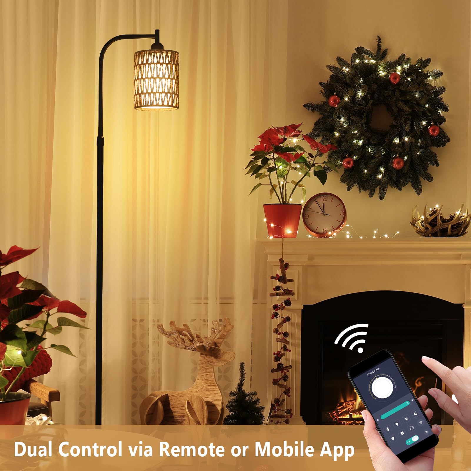 Rayofly Lámpara de Pie Ajustable Salón, Lámpara de Pie de Ratán con Mando a Distancia, App Control, Lámpara de Pie Boho con Pantalla de Ratán y Lino, Lámpara de Pie para Dormitorio, Altura Ajustable