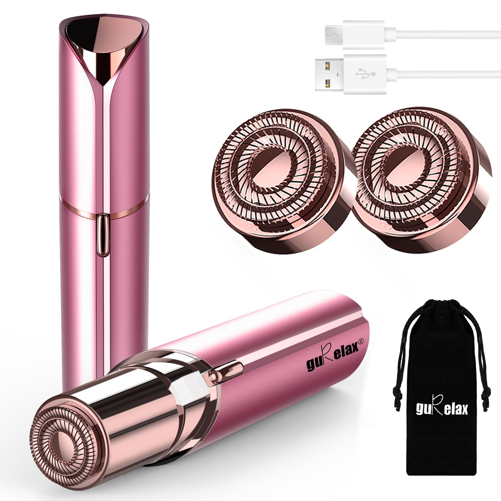 gurelax Facial Hair Remover , Painless Female Shaver Rechargeable, 2 x Replacet Heads Included, The Best Lady Face Electric Razor Lip, Chin, Arms, Rose Red Remover( Heads), 100.0 grams, 1.0 count