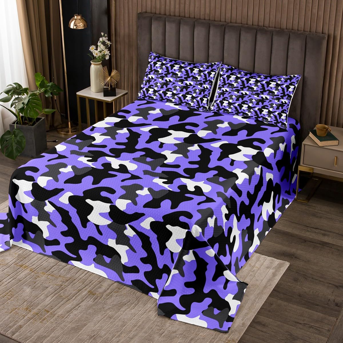 Manfei Camoflage Kids Bedspread Twin Size,Army Camo Wild Hunting Cabin Coverlet Set,Boys Girls Room Decor,Rustic Lodge Farmhouse Quilted Coverlet,Purple Black Bedding Quilt,1 Pillowcase