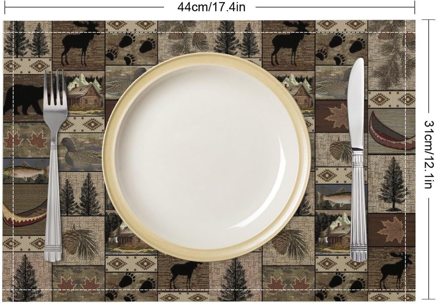 Retro Rustic Bears Deers Lodge Placemats Set of 6, Vintage Cabin Country Farmhouse Style Place Mats, Heat Resistant Non Slip Cotton Linen Dining Table Mats for Home Kitchen Party 18x12 Inch