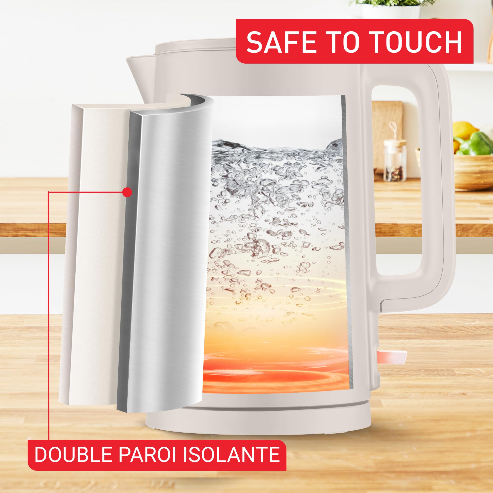 Tefal KO140BE0 Thermo Protect Czajnik elektryczny, minimalistyczny design, bezpieczna obudowa, 1500 W, jasnoszary, stal nierdzewna