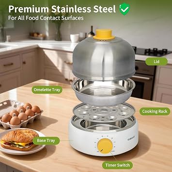 VOBAGA Rapid Egg Cooker, Electric Egg Boiler and Steamer Machine, 9 Egg Capacity, Stainless Steel, Auto Shutoff with Silent Timer, 400W (White)
