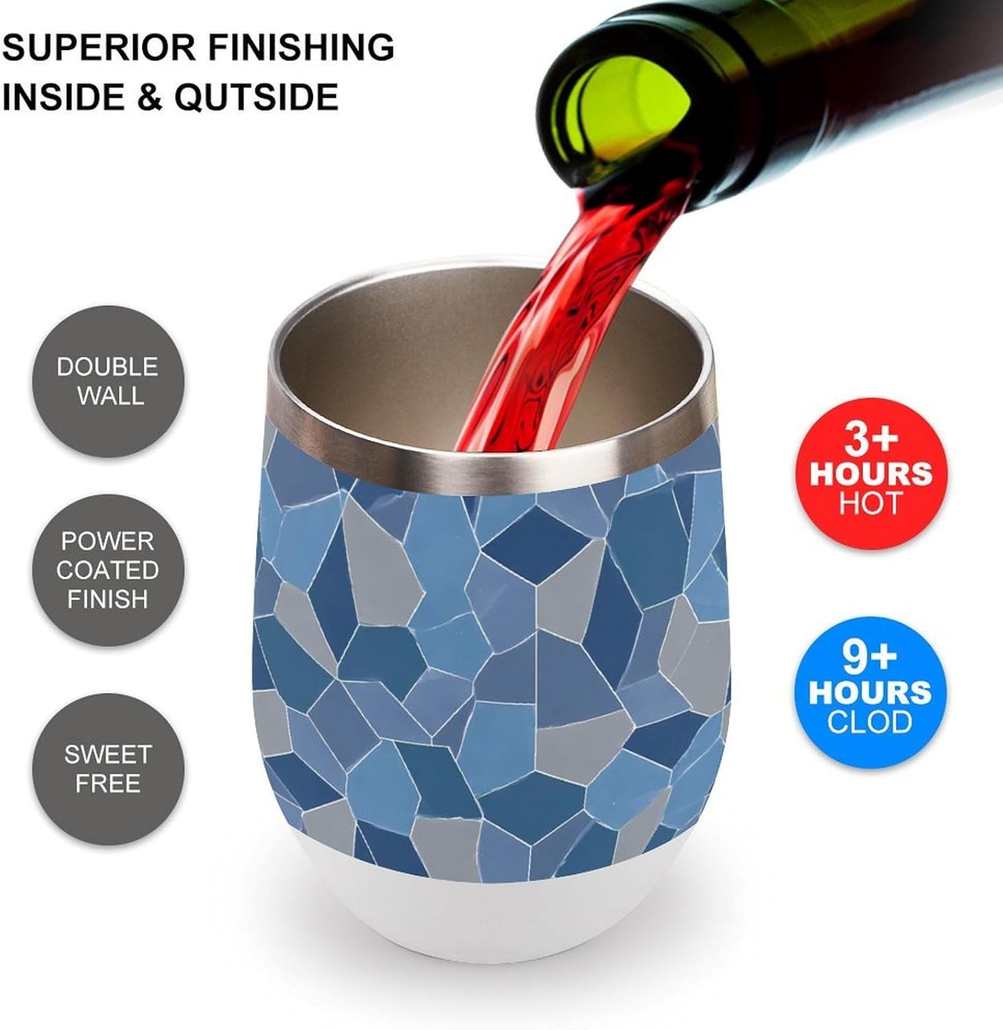 Blue Gray Mosaic Math Pattern Insulated Drinking Cup Stainless Steel Coffee Mug Wine Tumbler with Lid 12OZ