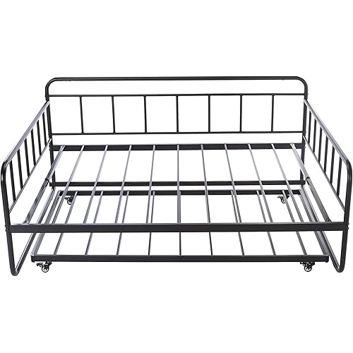Amazon Basics Full Daybed and Twin Size Trundle Bed Frame Set, Space Saving Steel Slat Support, Black
