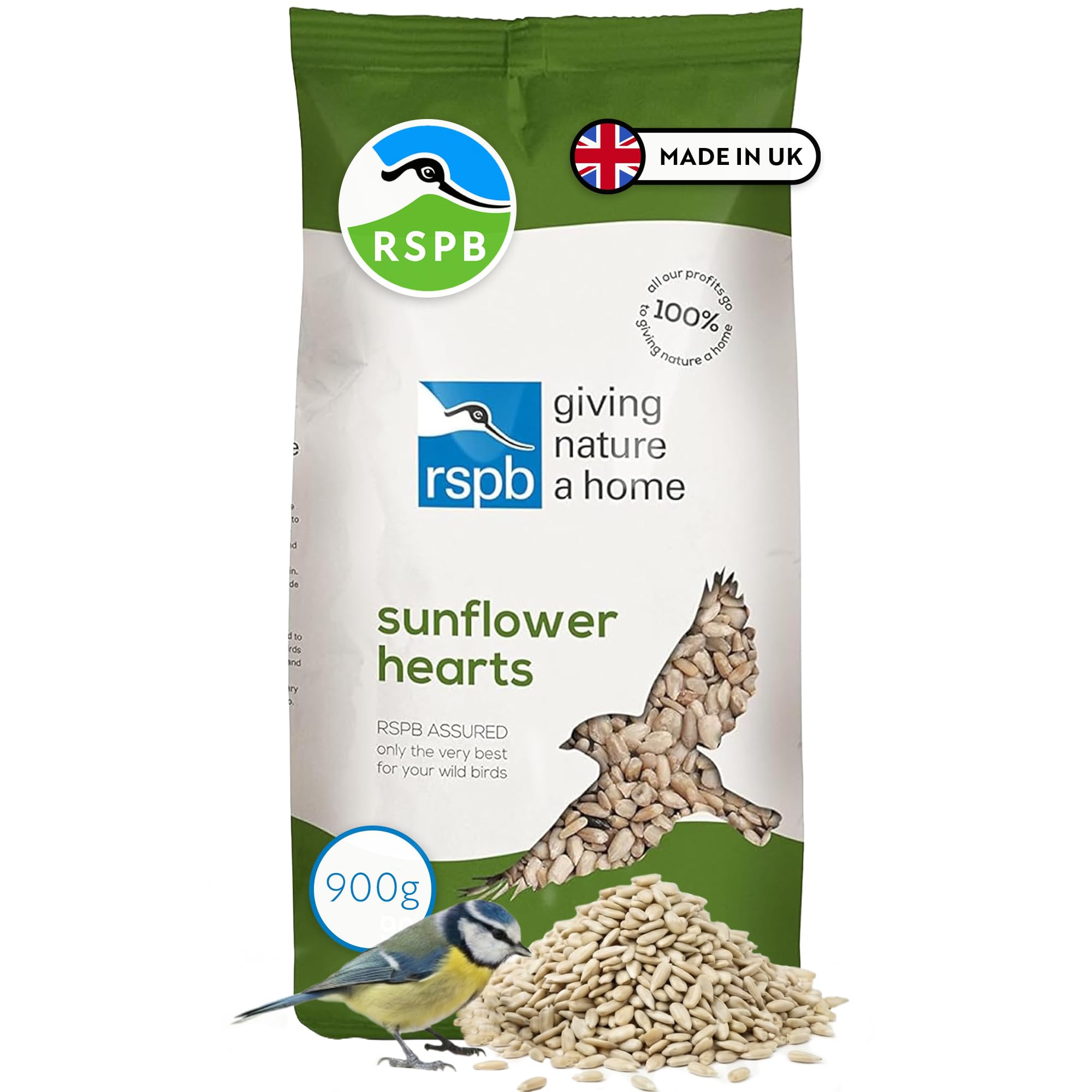 Sunflower Hearts Wild Bird Food 900g, High in Energy & Protein, Great For Bird Feeders, Supporting The RSPB Charity, Resealable & Recyclable Packaging
