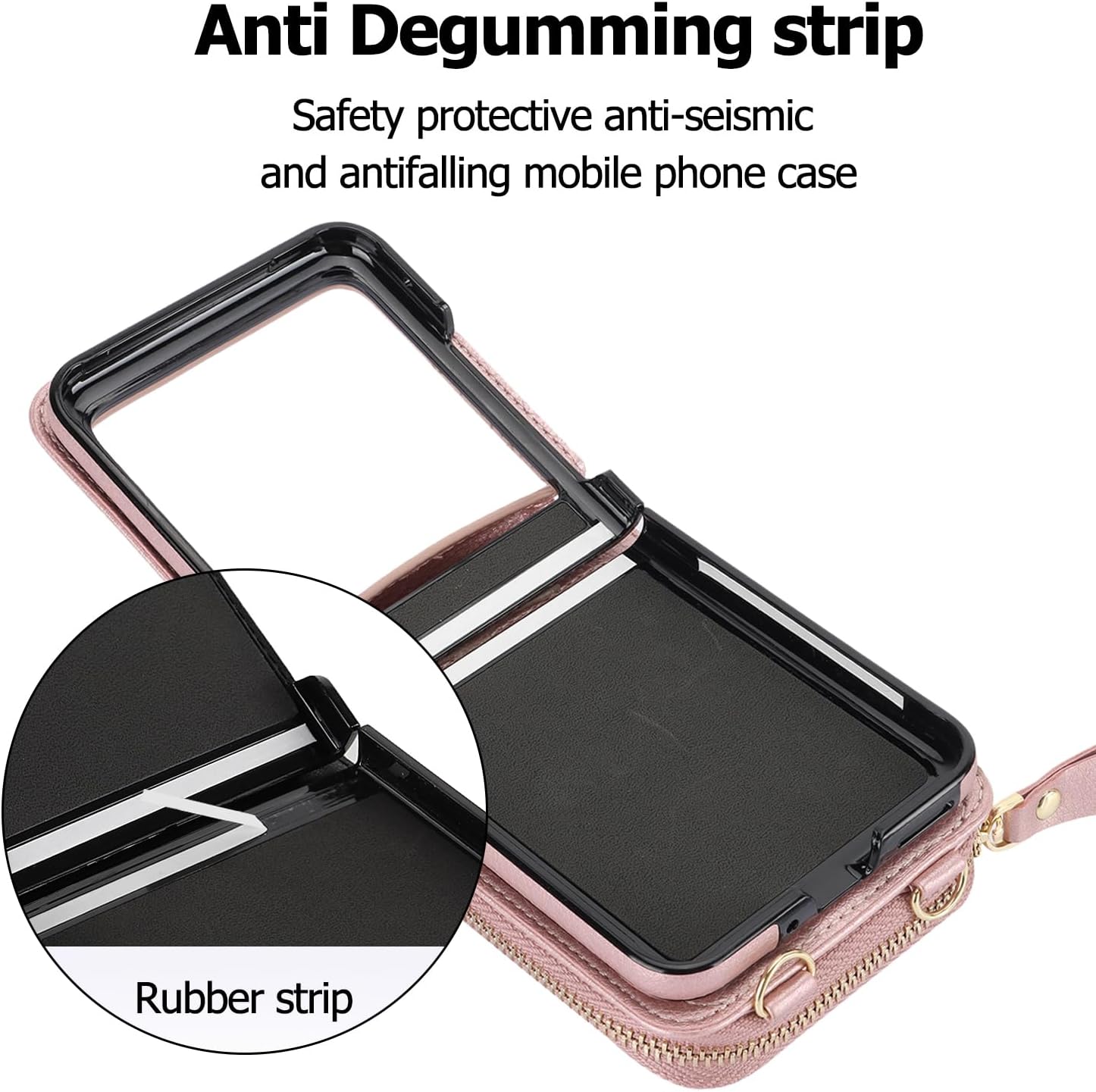 Asuwish Phone Case for Motorola Razr 2024/Moto Razr 50 Wallet Cover with Credit Card Holder Zipper Slot Shoulder Crossbody Strap Lanyard RFID Blocking Slim Cell Purse Razr2024 5G Women Girls Rose Gold