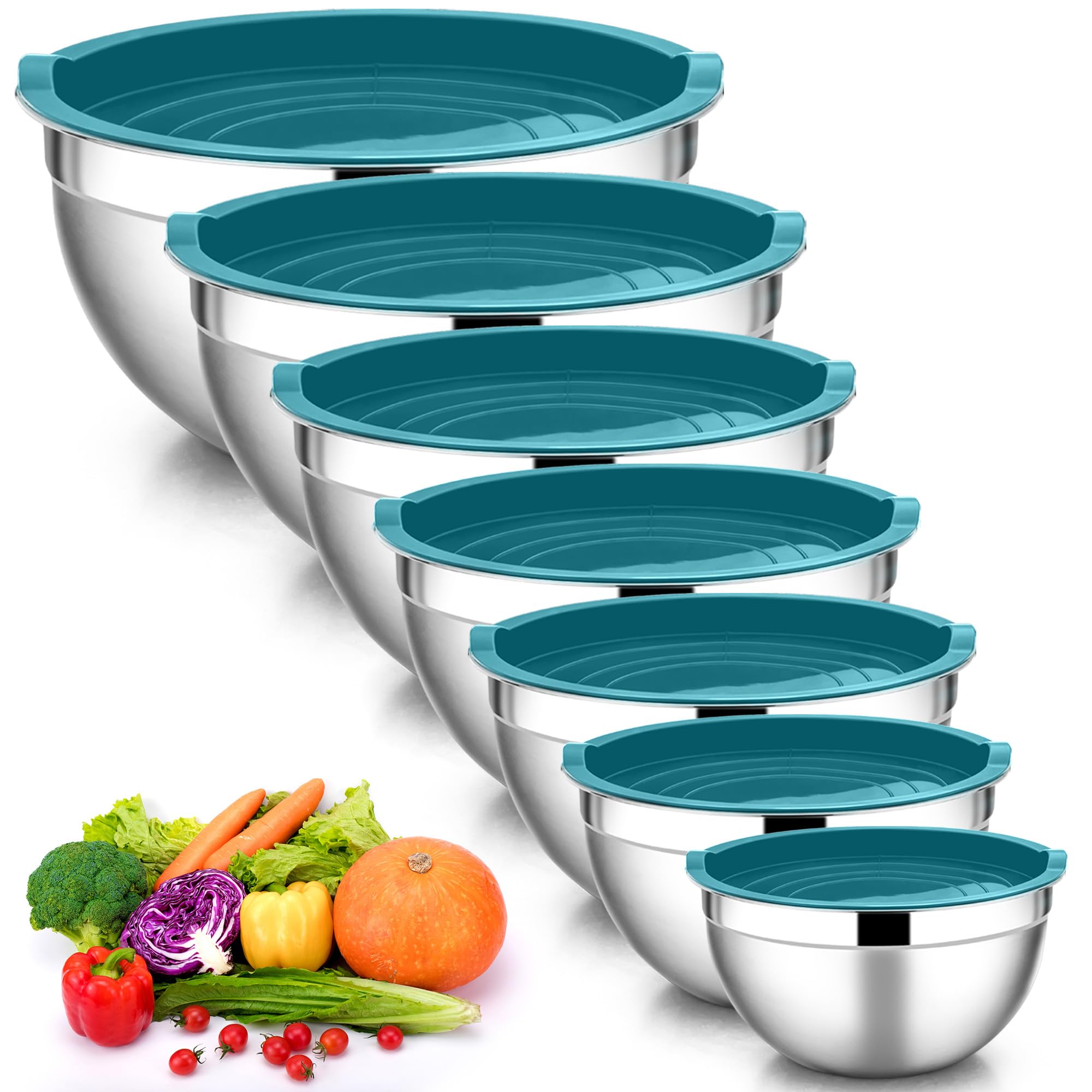 HaWare Set di 7 ciotole in acciaio inox, impilabili con coperchio ermetico per cuocere/cucinare/preparare, lavabili in lavastoviglie, 6,5/4,5/3/2,5/1,5/1,2/0,7 l, blu