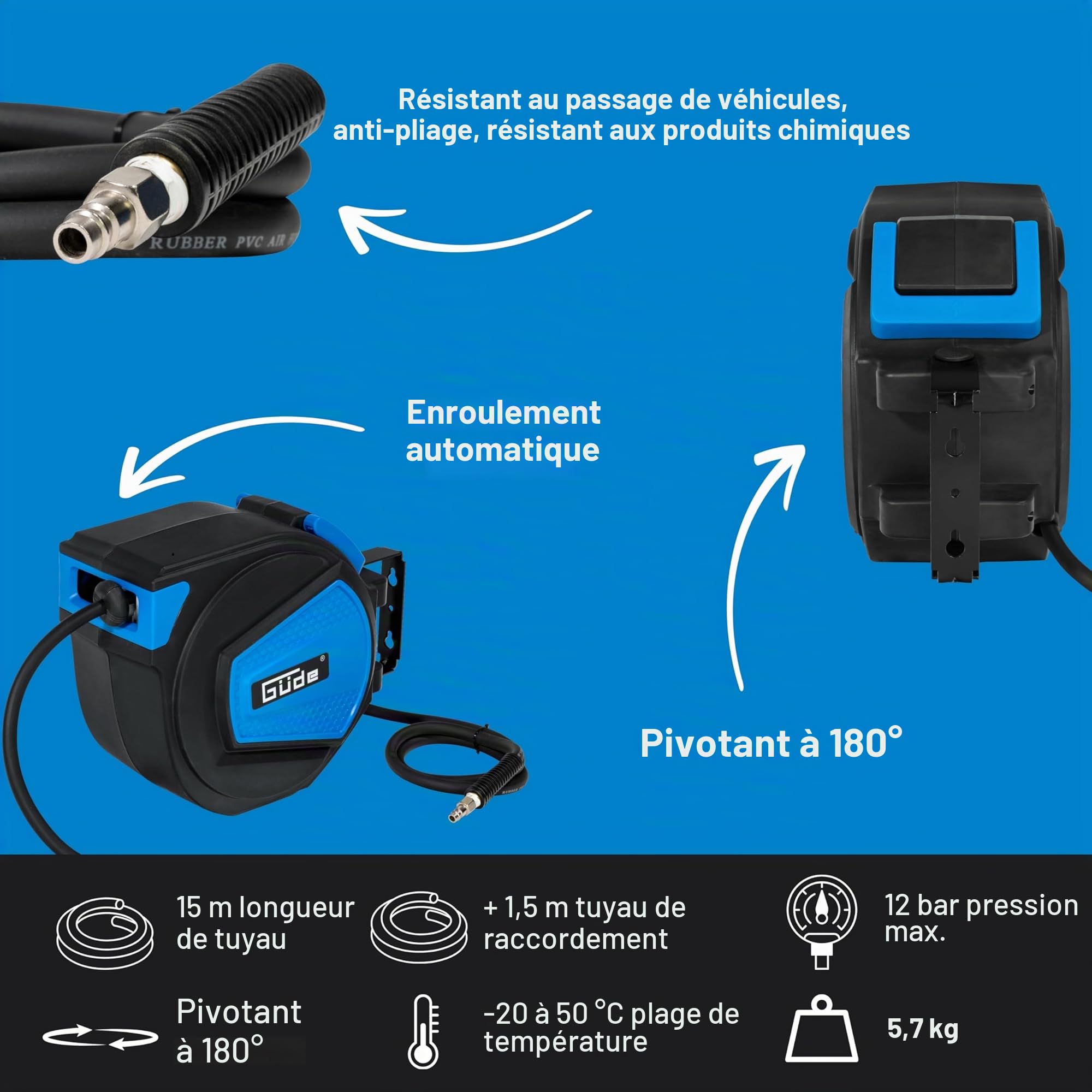 Güde 02882 Dévidoir de tuyau automatique 15 m (12 bars de pression de travail max. Diamètre intérieur 9,5 mm paroi 3 mm d'épaisseur), Bleu