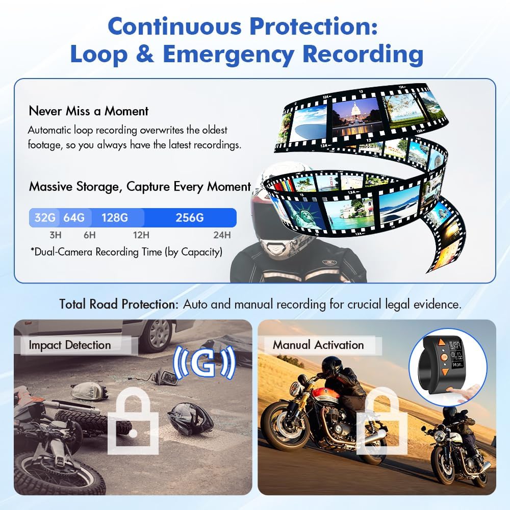 VSYSTO WiFi Dash Camera per moto, controller con display OLED, download video ad alta velocità, telecamera anteriore e posteriore 1080P, avviso in caso di vibrazioni anomale, sensore G (Q3L)