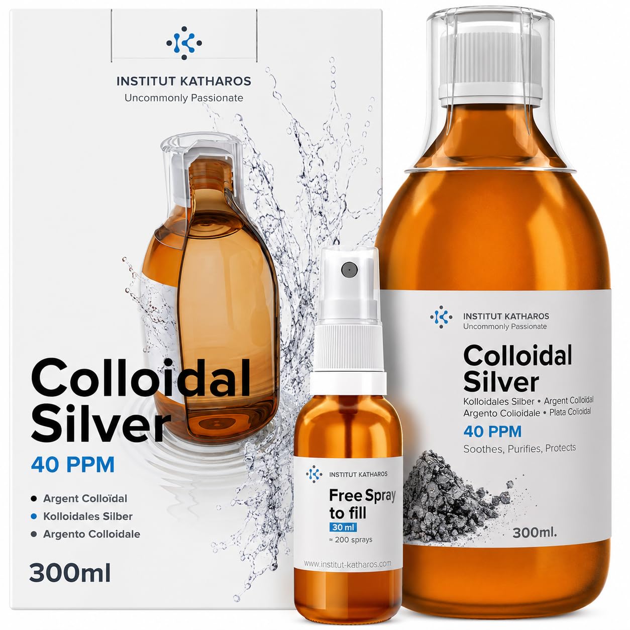 Argent Colloïdal 300 ml - 40 PPM - Bouchon Doseur et Spray 30ml à Remplir - Fabriqué en France