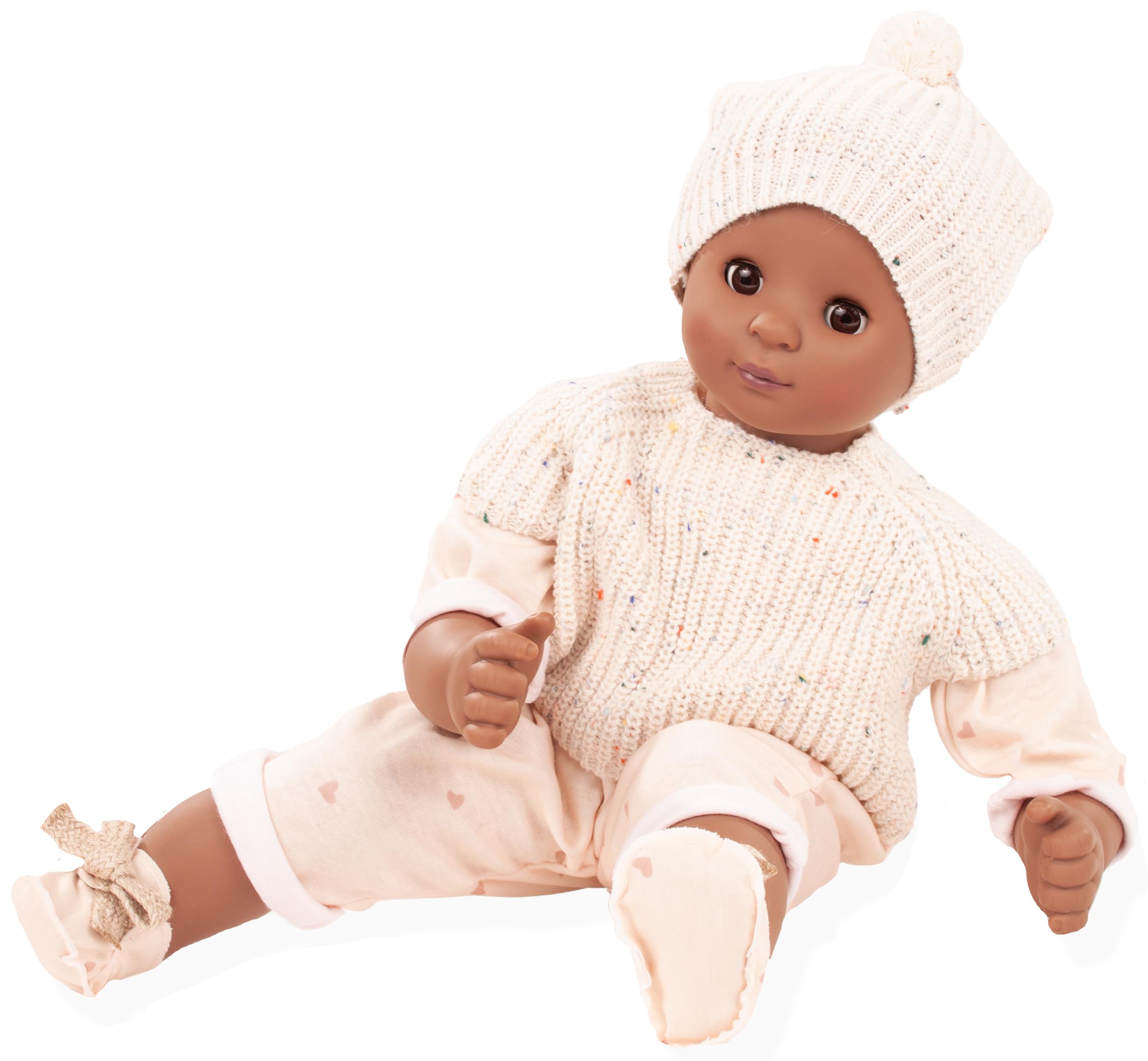 Götz 2567841 Maxy Muffin Schick in Strick Puppe 42 cm braune Schlafaugen | 6-tlg, Babypuppe, ohne Haare, Weichkörper, für Kinder ab 3 Jahren, waschbar, mit Strickpullunder, Mütze und Stoffschuhen