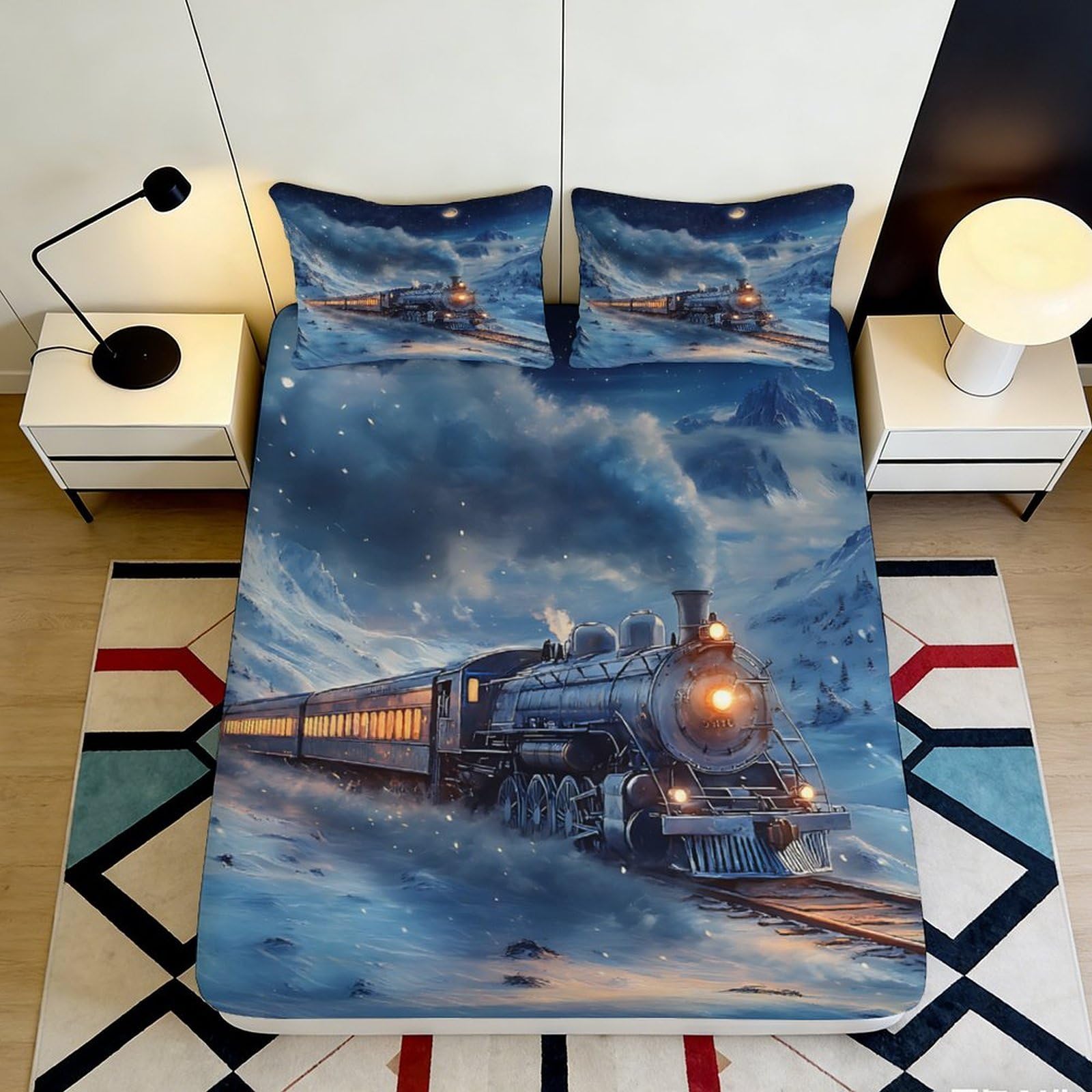 3D Printed Steam Train Fitted Sheet Microfiber Deep Pocket Non-Slip Bedroom Bedding Full Wrap Train Mattress Fitted Cover Washable 200x200x25cm