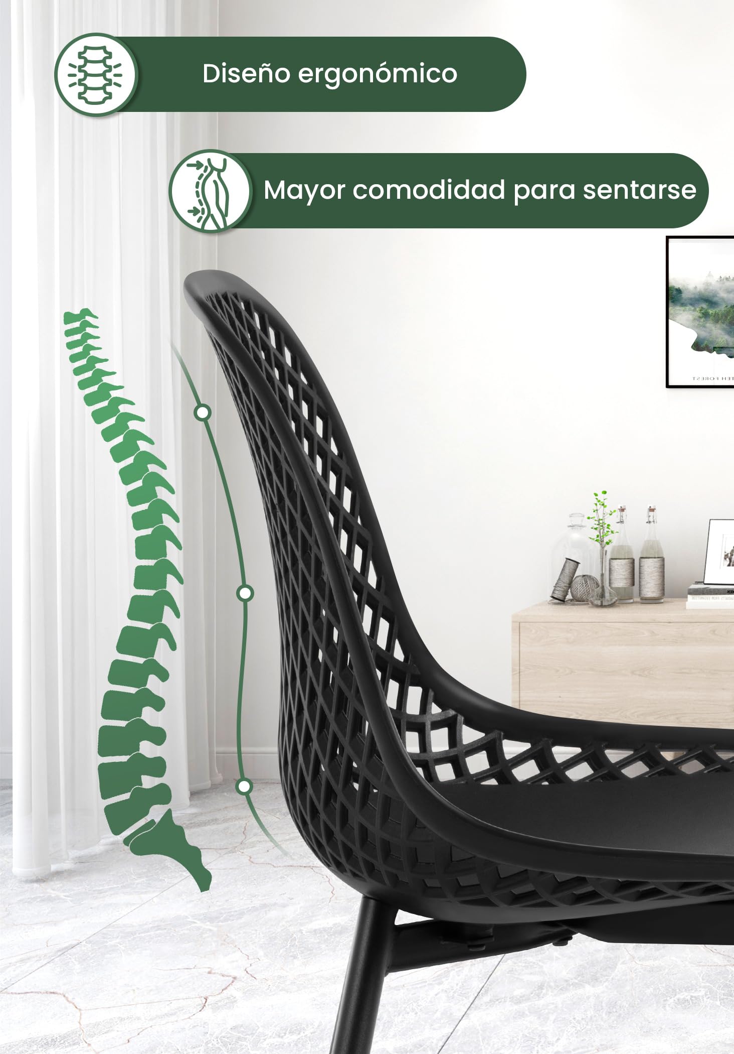 Juego de 4 Sillas de Comedor,Asiento PP,Negro