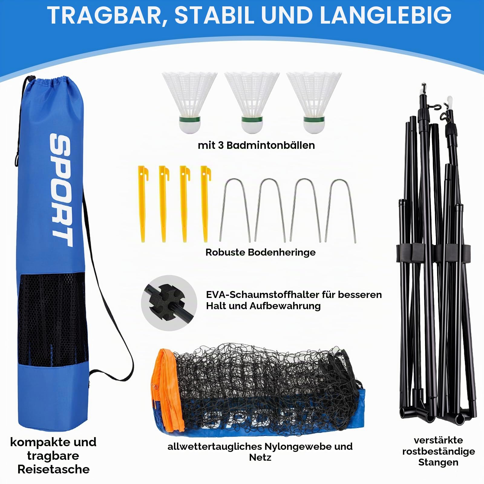 Badmintonnetz Outdoor 400cm | 500 cm Federballnetz, Faltbare Volleyballnetz für Garten, Tennisnetz Höhenverstellbar mit 3 Federbällen & Tragetasche Indoor & Outdoor