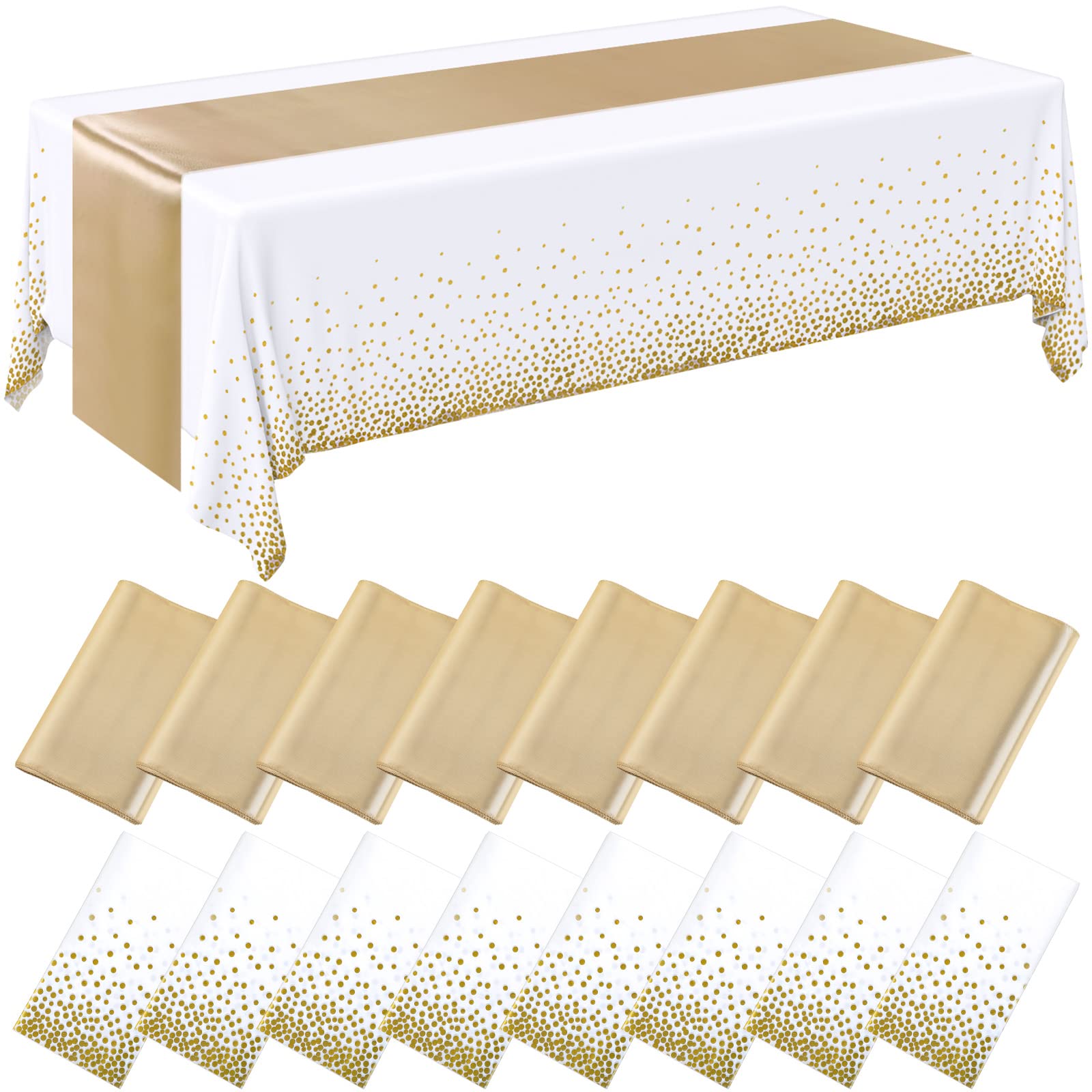 View 1 of Tudomro 16 Pack White and Gold Plastic Tablecloths with Satin Runners