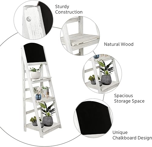 Miniatura 4 de NO MORE TAG Estante de escalera de 3 niveles con pizarra estante de escalera de madera estantería inclinada con espacio de almacenamiento estantes