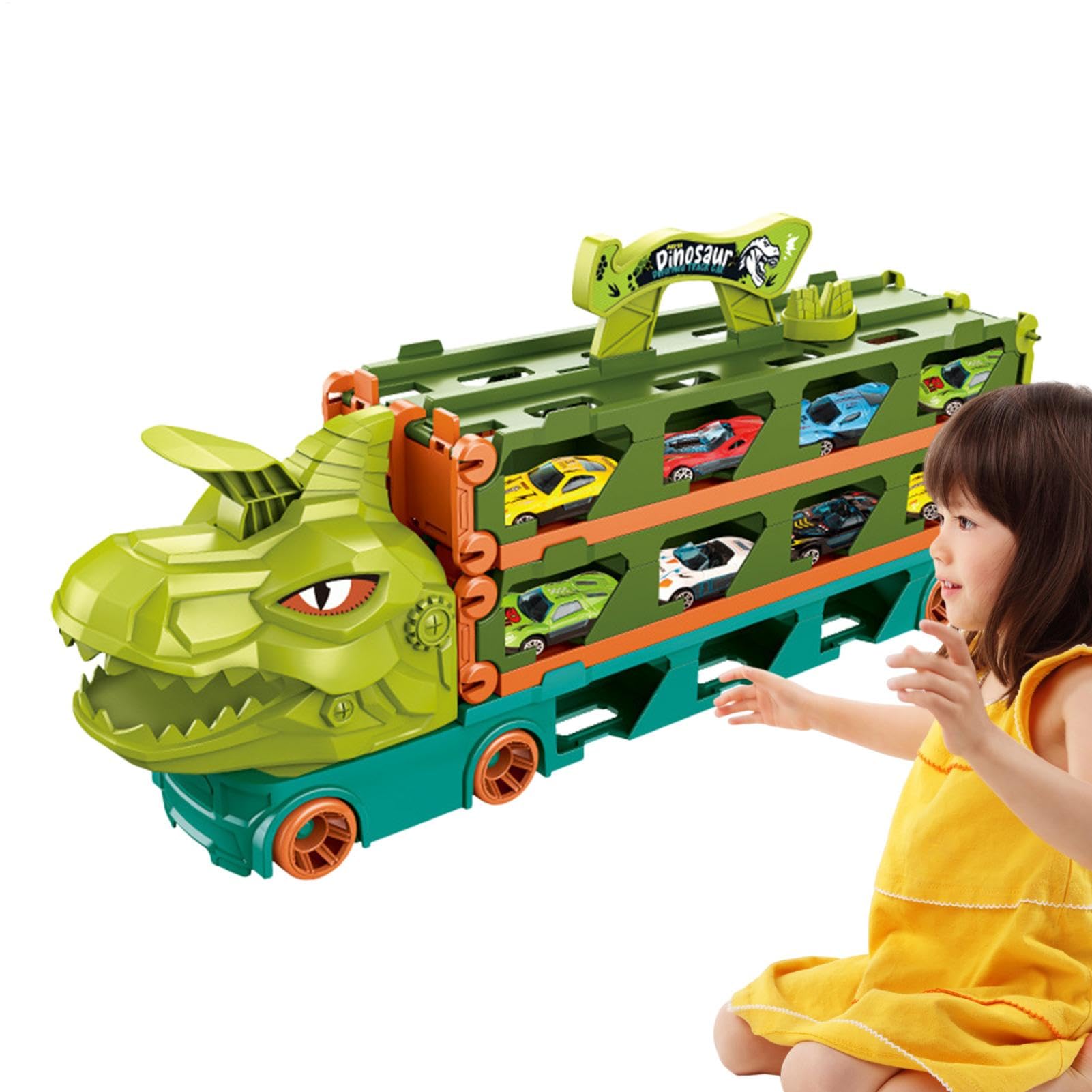 Camión portacoches de dinosaurio,Camión portacoches de dinosaurio - Camión transportador de coches de dinosaurio con 2 pistas de carreras - Coche de juguete con 8 coches de carreras de metal para niño