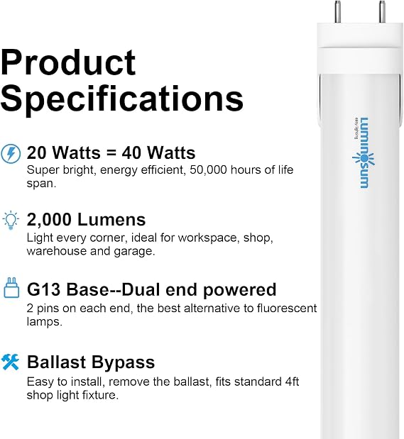 T8 LED Tube Light Bulbs 4 Foot 20W 40W Equivalent, 4000K Natural White 2000LM, T8 T10 T12 Fluorescent Replacement, Dual-end Powered Ballast Bypass, Frosted Cover ETL Listed for Shop 10-Pack