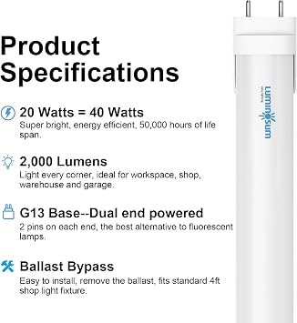 T8 LED Tube Light Bulbs 4 Foot 20W 40W Equivalent, 4000K Natural White 2000LM, T8 T10 T12 Fluorescent Replacement, Dual-end Powered Ballast Bypass, Frosted Cover ETL Listed for Shop 10-Pack