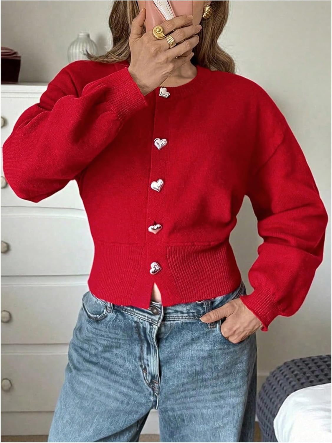 Verdusa Women's Winter Clothing Heart Cropped Cardigan Sweaters Cinched Waist Knit Tops - Image 6