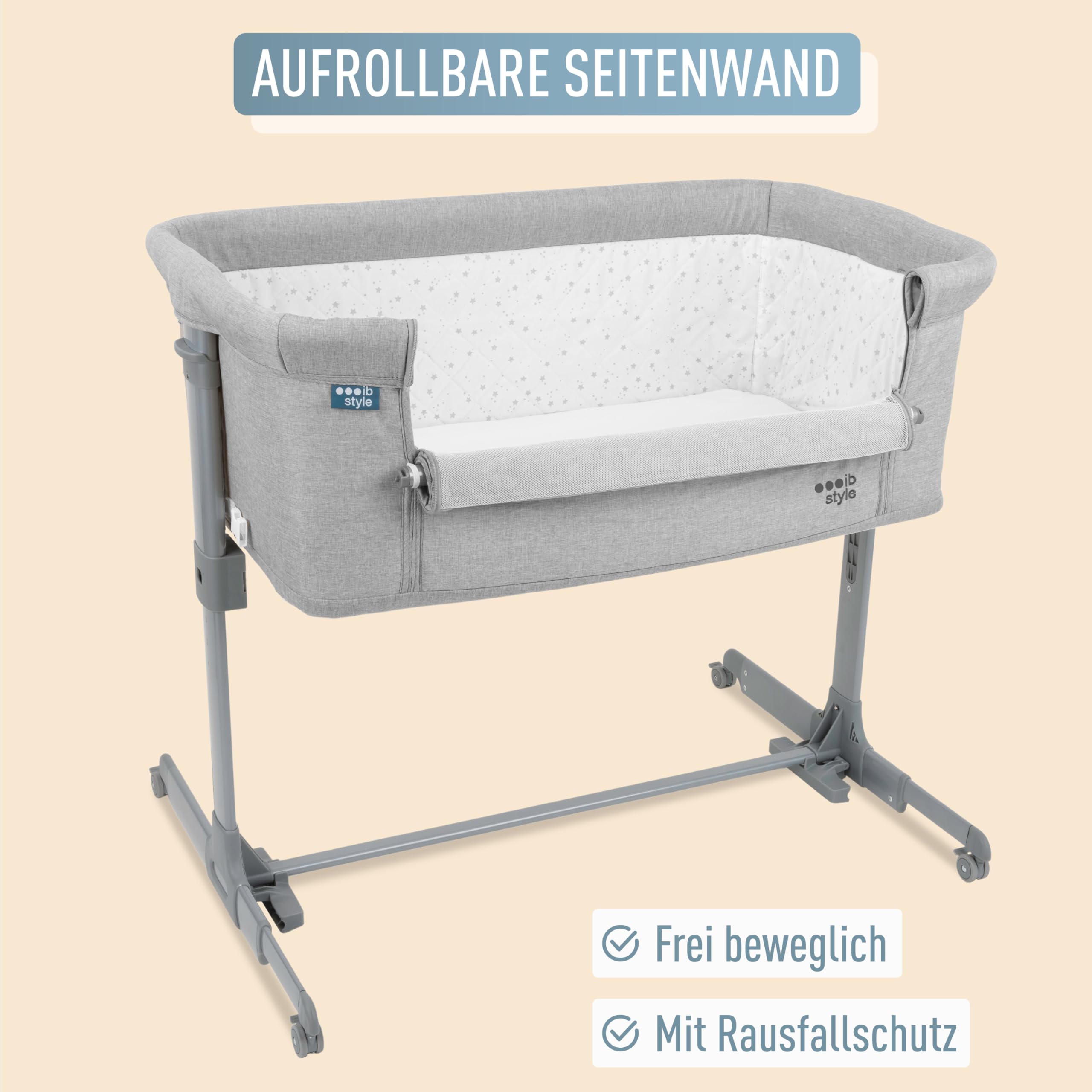 ib style Aluna 3in1 Beistellbett, Babybett, Zustellbett, weiche Matratze, 5-Fach Höhenverstellbar, Reisebett mit Tasche, Kinderbett mit Rollen, Wiege, für Zuhause und Unterwegs - Hell Grau