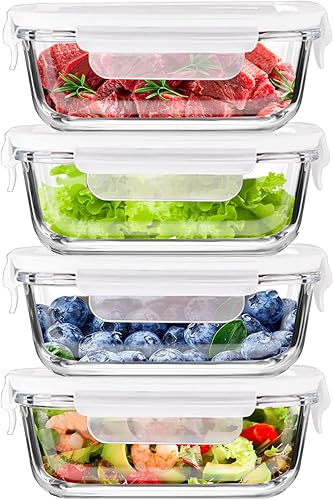 Miniatura 1 de FEOOWV Paquete de 4 recipientes de vidrio de 13 onzas  0.37 L con tapas, recipientes de almacenamiento de vidrio con tapas, sin BPA, organizadores y