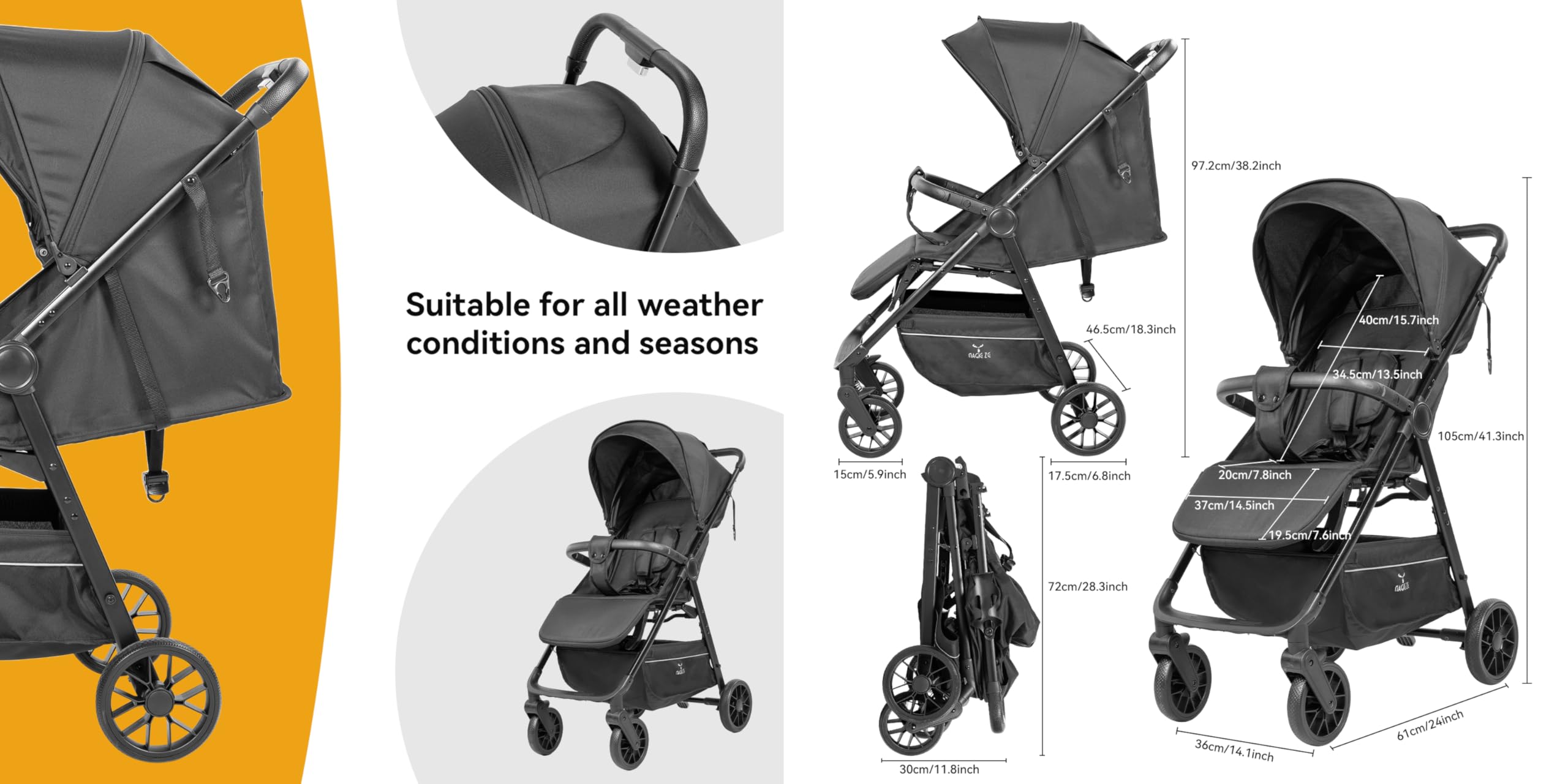 MoLi Ultraleggero Passeggino di Soli 4,6 kg, Carrozzina per Neonati Fino a 15 kg, Passeggino da Viaggio con Posizione Sdraiata Regolabile, Passeggino Compatto Portatile Pieghevole (A8 Black)