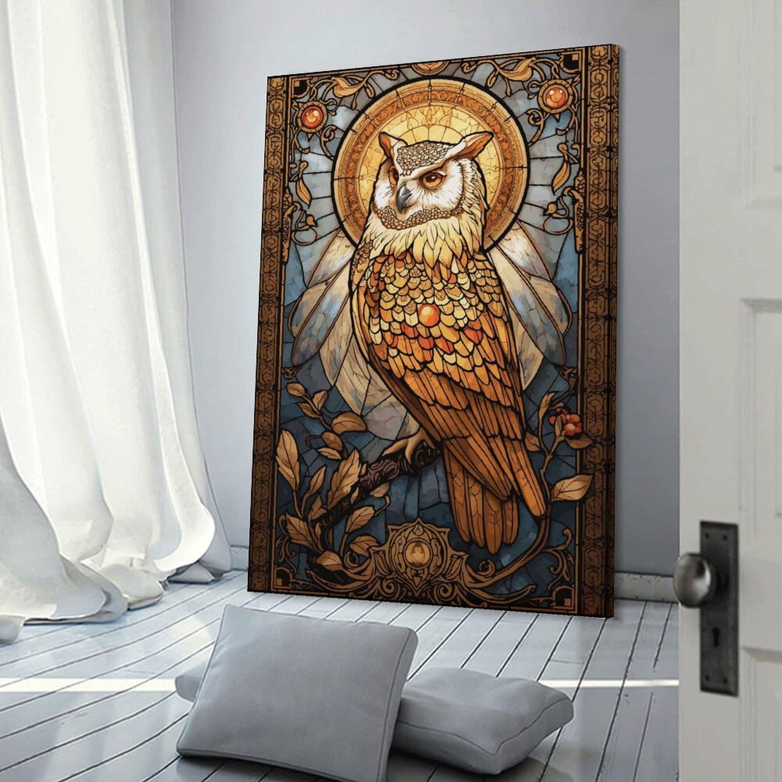 Junmoney Frame-Style-16 Owl Stained Glass Canvas Wall Decor, 20X30inch(50X75cm), For Wall Displays, Bedrooms Or Room Updates, Wall Decor Suited To Curated Displays