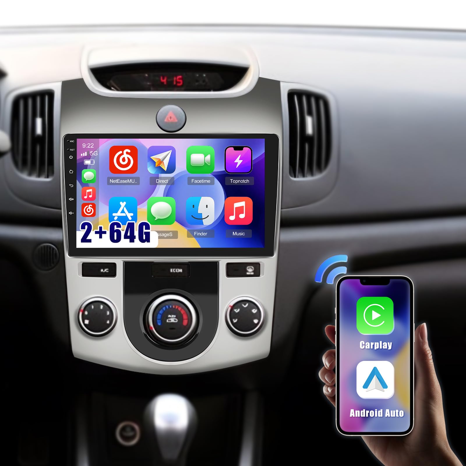 Roinvou [2G+64G] Car Radio for Kia Forte Cerato K3 (Manual A/C) 2008-2012 with Wireless Carplay/Android Auto, 9 Inch Touch Screen for Forte Radio