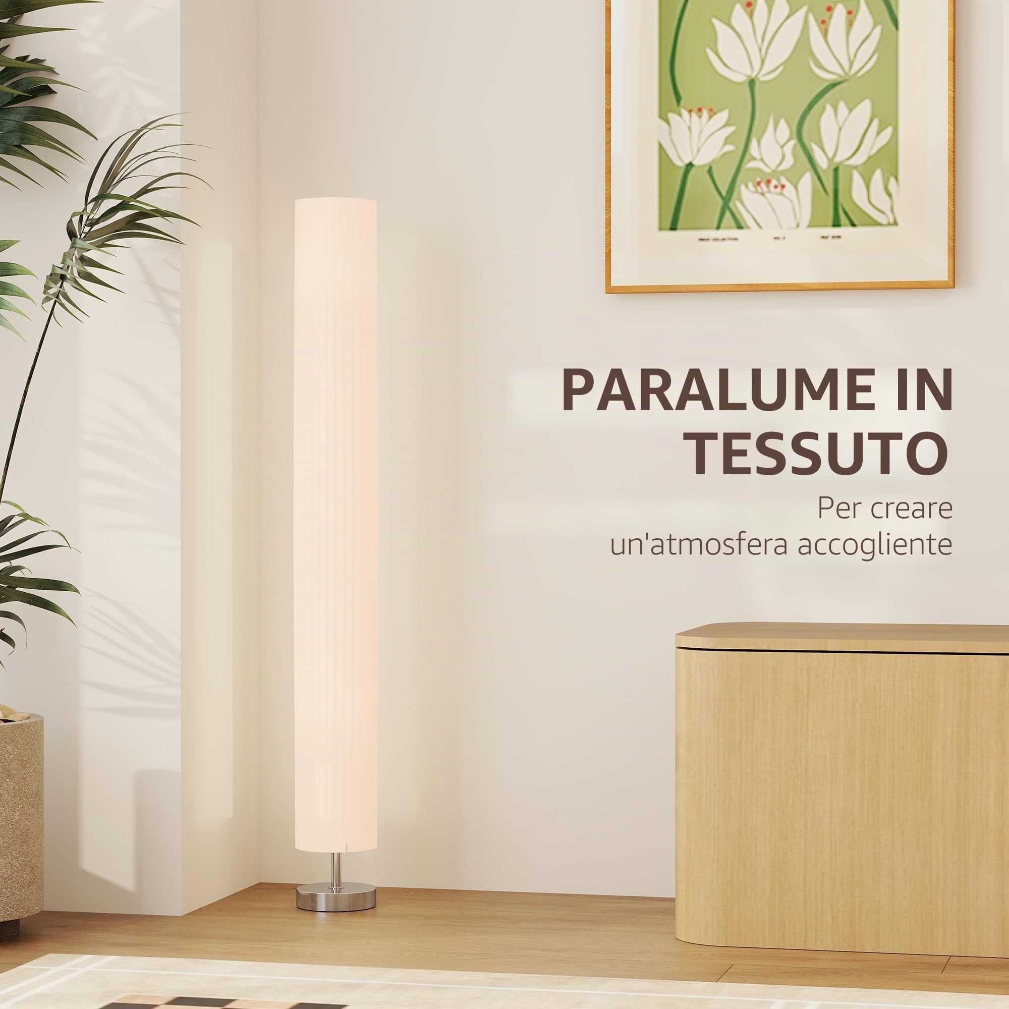 HOMCOM Lampada da terra soggiorno paralume poliestere, 2x E27 | Lampada da terra con interruttore a pedale, base in acciaio, lampada a stelo per camera da letto, ufficio.