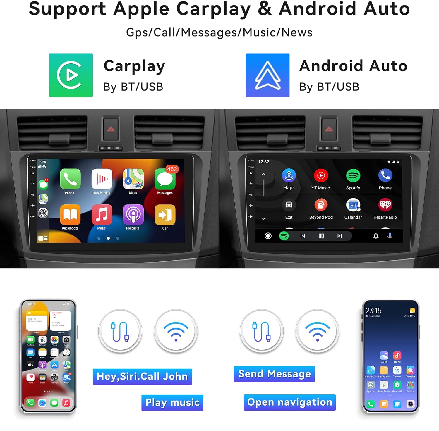 Car radio screen showing split-screen mode with a map application on the left and a music player on the right, demonstrating simultaneous use of two apps.