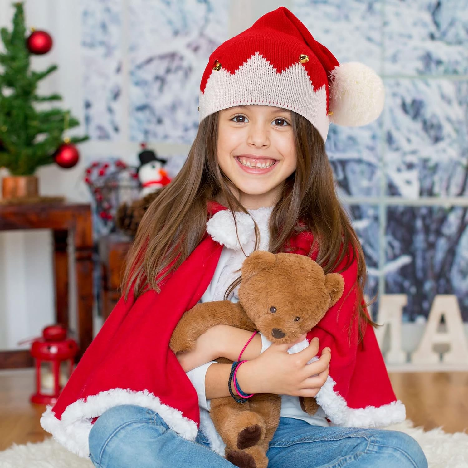 JaGely 4 Pcs Christmas Hats Elf Knitted Hat Xmas Holiday Beanie Child Santa Hat for Kids Christmas Winter Red White Green