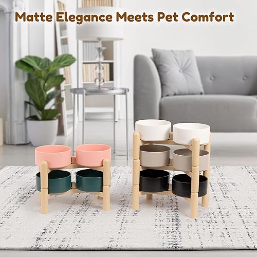 Miniatura 6 de Juego de cuencos elevados de cerámica para perros, juego de cuencos elevados para alimentos y agua, cuencos dobles para perros con soporte Negro