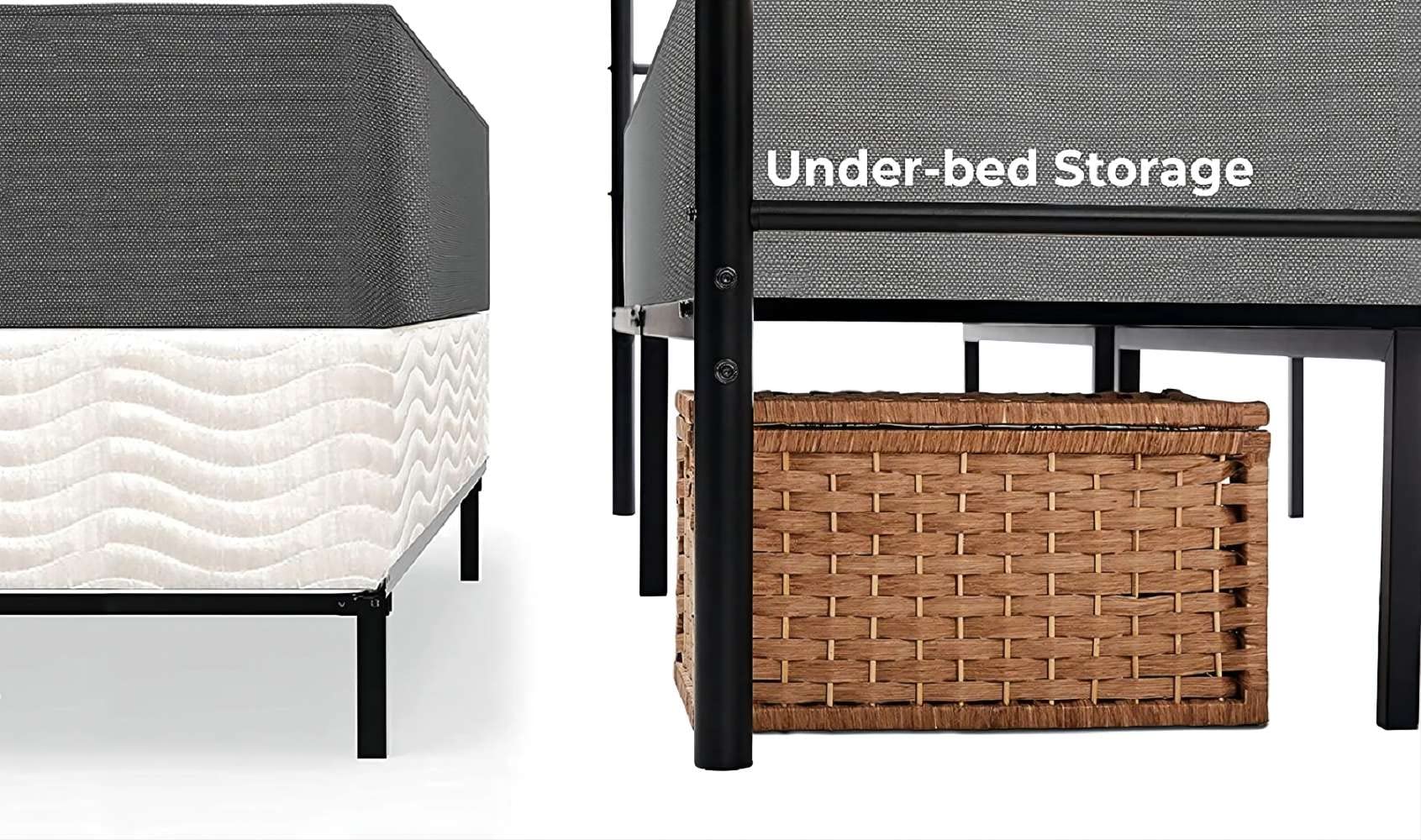 Illustration of under-bed storage space with a woven basket placed beneath the bed frame.