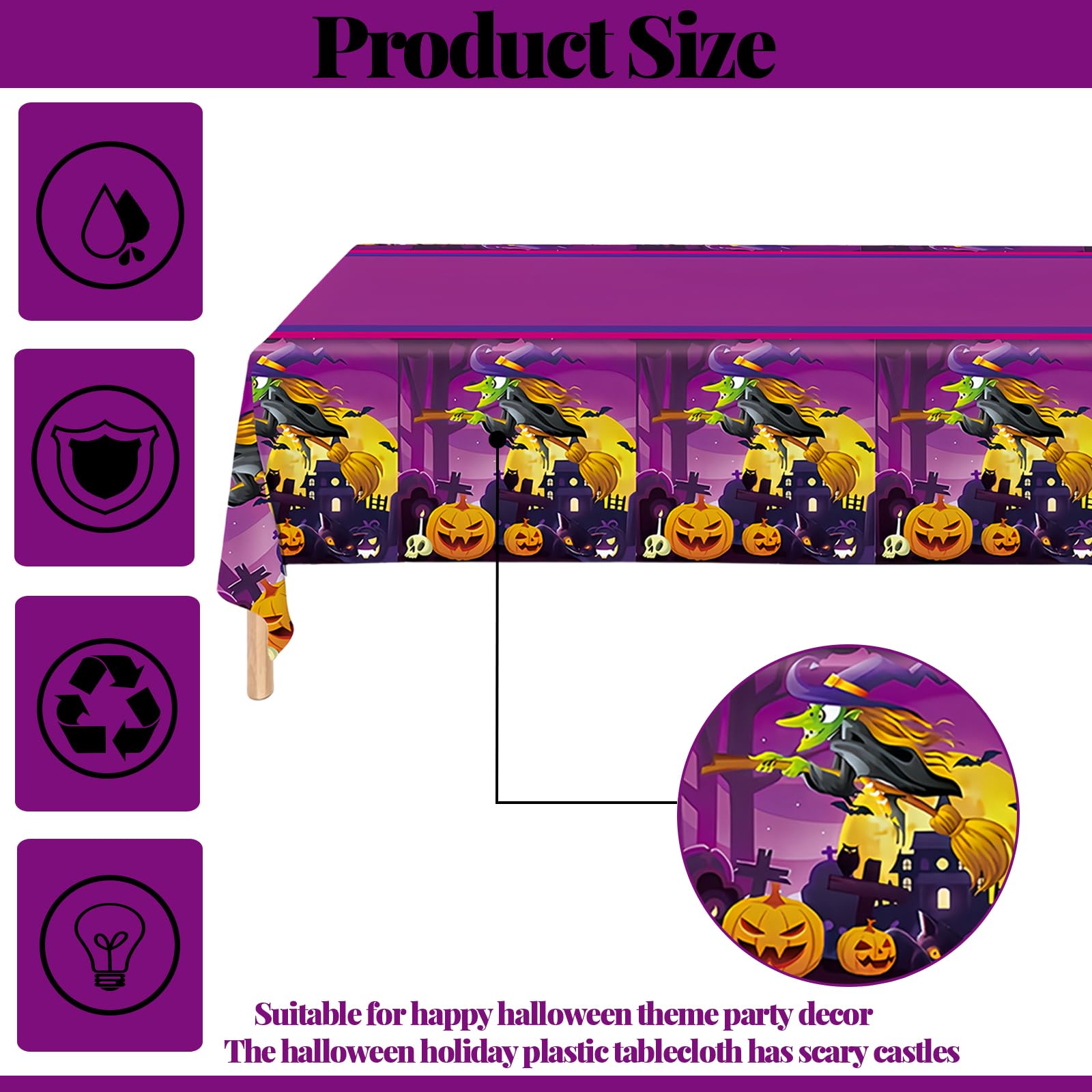 COSORO 2pcs Halloween Table Cloth Party Plastic Cover,108x 180cm Large Witch Pumpkin Purple Dinner for Indoor Outdoor Halloween Party Table Decorations - Image 3