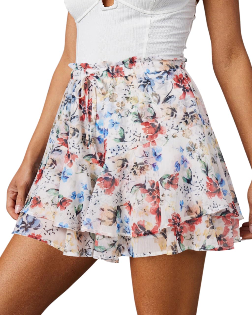 Aoudery Flowy Shorts for Women Casual Boho Floral Skorts Ruffle Mini Skirts Running Tennis Butterfly Chiffon Shorts