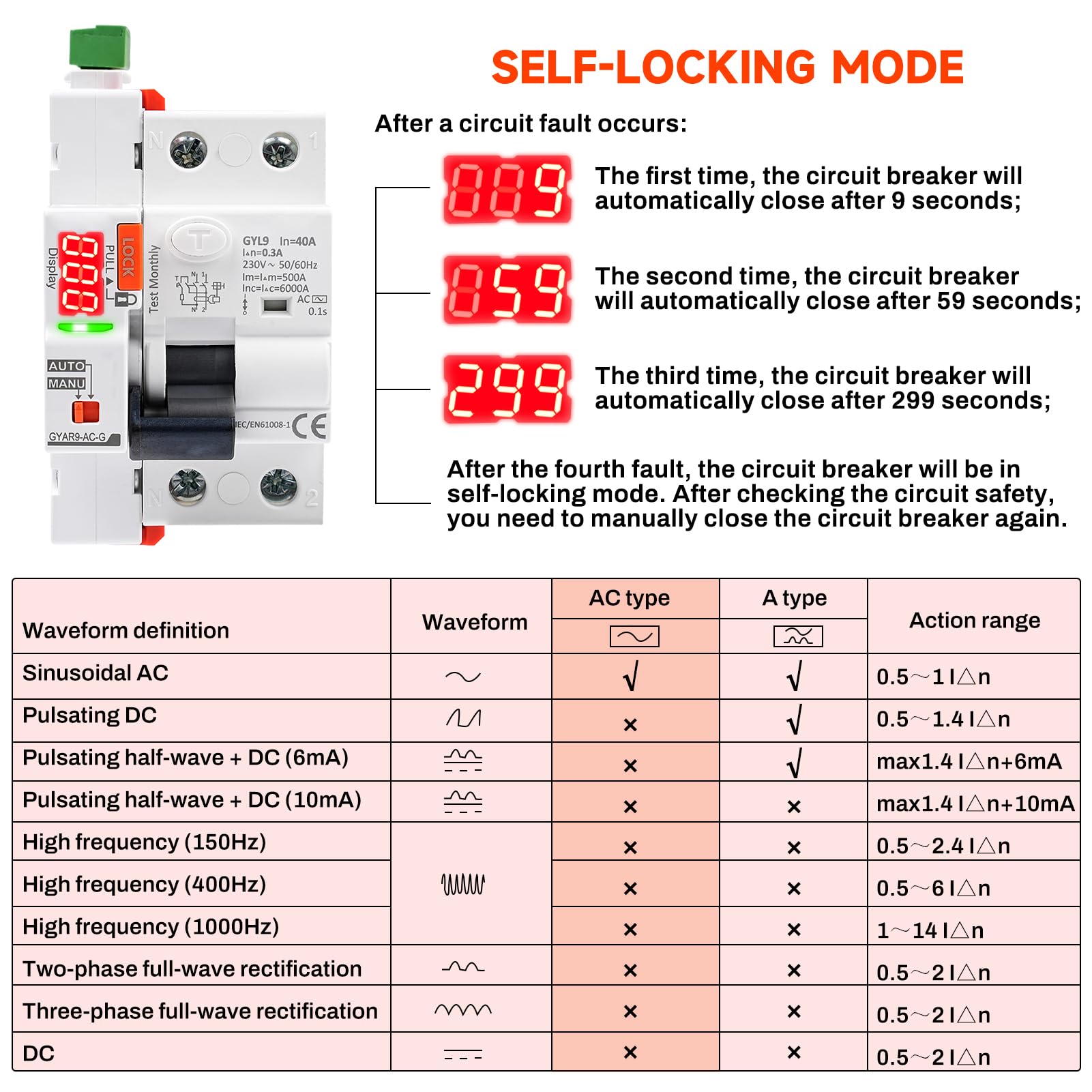 Interruttore magnetotermico differenziale tipo AC Salvavita con riarmo automatico 2P 40A 300mA RCCB AC230V interruttore differenziale a riarmo automatico display digitale LED GYAR9-AC-G