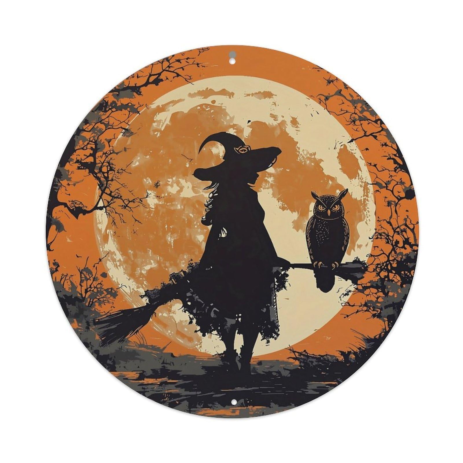 Witch Owl Moon Tree Broom Vintage Round Tin Sign Retro Metal Wall Decor Metal Poster, Home Bar Garage Cafe Wall Art Decoration 8x8Inches