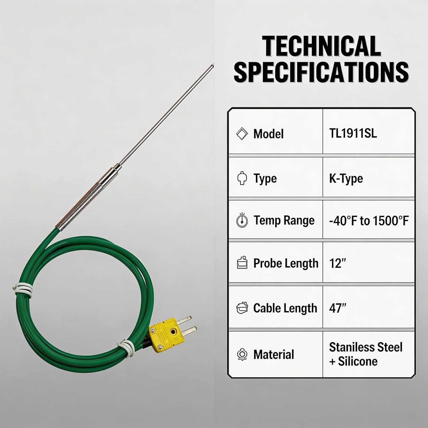 TL1911SL K Type Thermocouple Probe with 47 Inch Silicone Cable | Wide -40°F to 1500°F Range | 12 Inch Long Probe for Kiln Oven Furnace Smoker 3D Printer