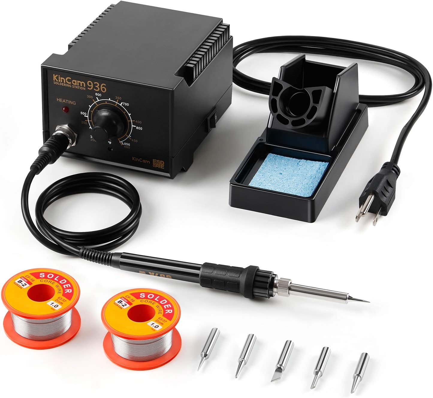 KinCam ESD Safe Soldering Iron Station with 2 Pack Solder Wire, Solder Holder and 5 Pcs Soldering Iron Tips, Anti-Static,Temperature Adjustable,Black