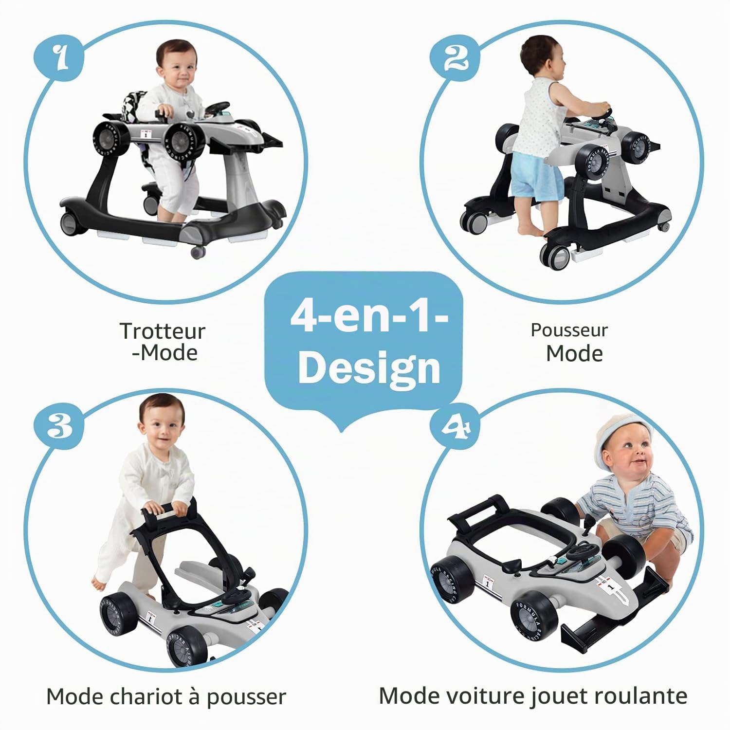 FANTASK Trotteur 4 en 1 avec hauteur et vitesse réglables, Baby Walker avec boîte à musique, lumières et roues, bébé à partir de 6 mois, charge maximale 12 kg (gris)