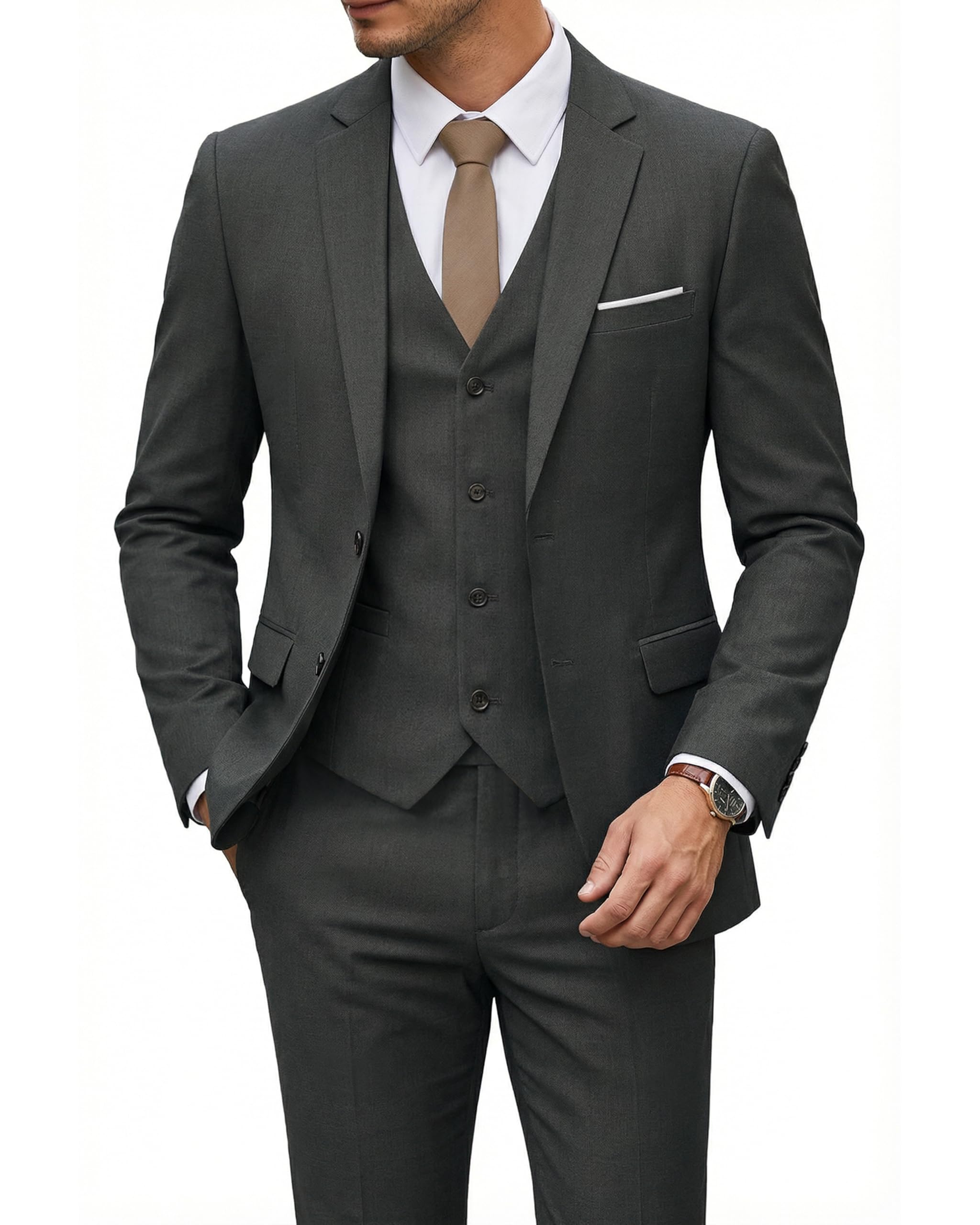 Men's 3 Piece Suit Set with Tie, 2 Button Slim Fit Solid Blazer Jacket Vest Pants, Business Wedding Party Suits for Men