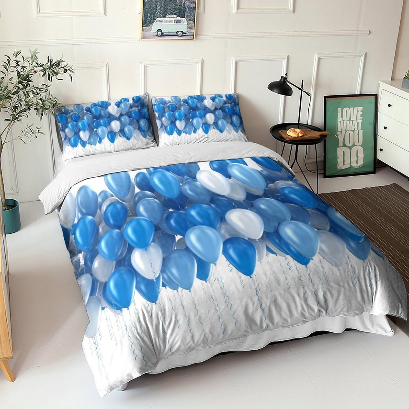 Parure de couette anti-acarien grand lit 220x240 motif bleu pour sommeil sensible