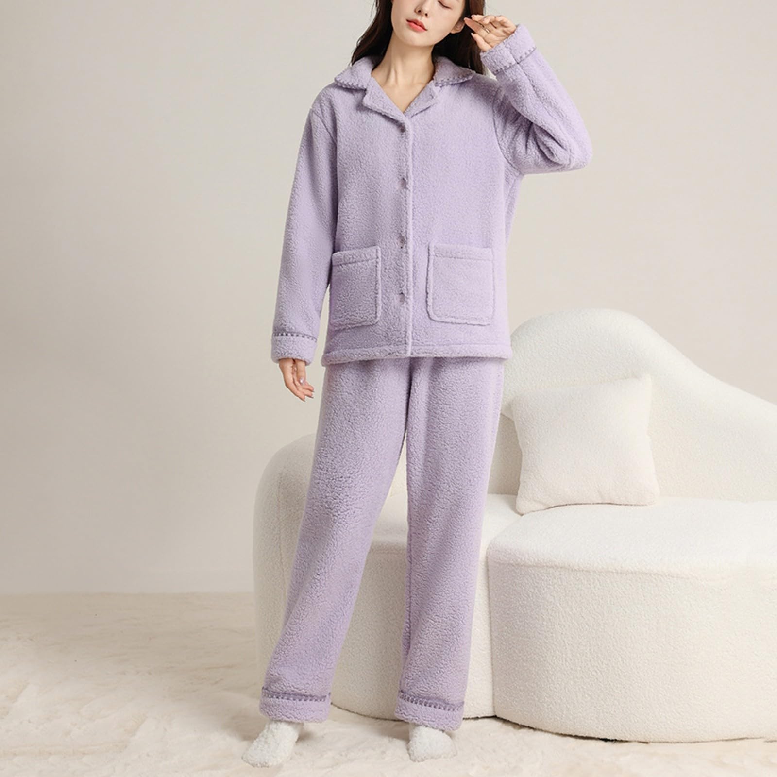 Pigiama da donna, tinta unita, in pile corallo, set di pigiama con bottoni, colletto rovesciato, pigiameria e pantaloni da pigiama, 2 pezzi, autunno, inverno, ispessito, per la casa, coppia